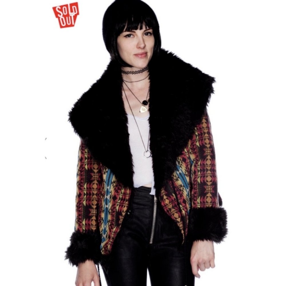 UNIF Aztec Tribal Knit Shearling Fur Jacket XS - Southwestern Penny Lane